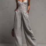Bohemian Grey Lace-Trimmed Wide-Leg Pleated Jumpsuit