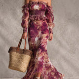 Rosalie - Floral Chiffon Maxi Dress with Off-Shoulder Design