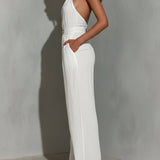 White Sleeveless Halter Jumpsuit in Faux Cotton-Linen