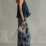 Claire - Navy Halter Neck Chiffon Top with Printed Wide-Leg Pants Set