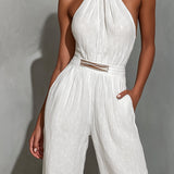 White Sleeveless Halter Jumpsuit in Faux Cotton-Linen