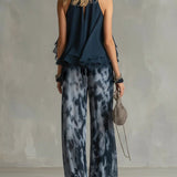 Claire - Navy Halter Neck Chiffon Top with Printed Wide-Leg Pants Set
