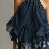 Claire - Navy Halter Neck Chiffon Top with Printed Wide-Leg Pants Set