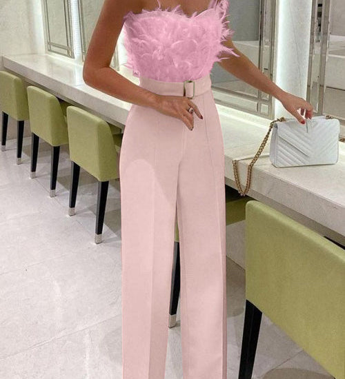 Stylish Off-Shoulder Sleeveless Slim Jumpsuit with Feather Accents