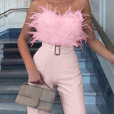 Stylish Off-Shoulder Sleeveless Slim Jumpsuit with Feather Accents