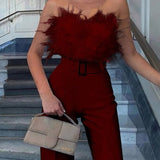 Stylish Off-Shoulder Sleeveless Slim Jumpsuit with Feather Accents