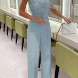Stylish Off-Shoulder Sleeveless Slim Jumpsuit with Feather Accents