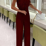 Stylish Off-Shoulder Sleeveless Slim Jumpsuit with Feather Accents