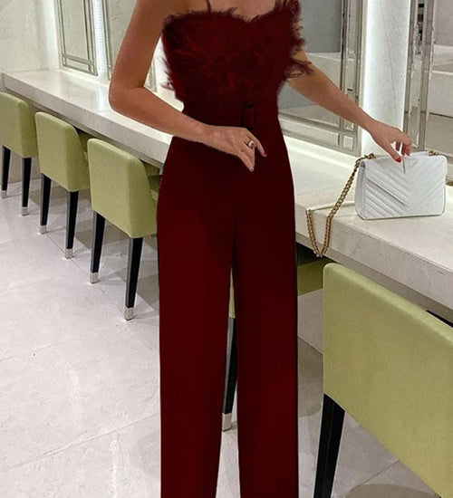 Stylish Off-Shoulder Sleeveless Slim Jumpsuit with Feather Accents