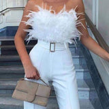 Stylish Off-Shoulder Sleeveless Slim Jumpsuit with Feather Accents