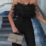 Stylish Off-Shoulder Sleeveless Slim Jumpsuit with Feather Accents