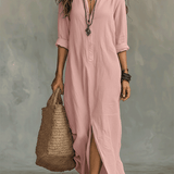 Bohemian Maxi Dress with Black Button-Front Detail
