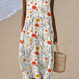 Delilah - Women's Loose-Fit Sleeveless Printed Midi Dress for the Beach