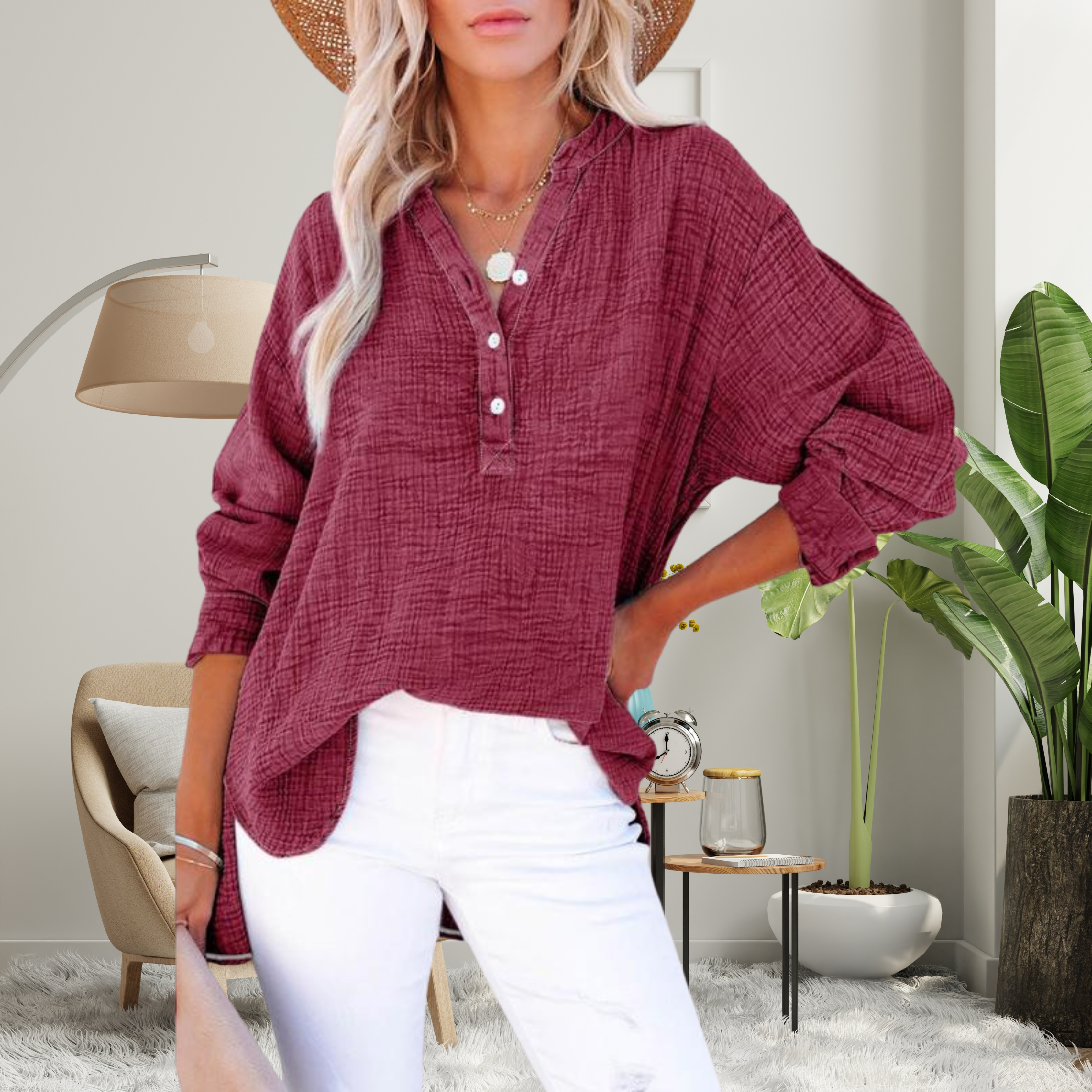 Brylin - Oversized Long Sleeve V-Neck Blouse for Casual Wear