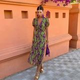 Ernestina - Green Floral Maxi Dress Featuring Puff Sleeves