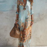 Floral Blue Chiffon Maxi Dress in Baroque Style