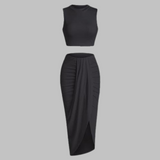 MANUELA™ - Chic Pleated Slit Maxi Skirt Ensemble