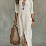 Bohemian Maxi Dress with Black Button-Front Detail