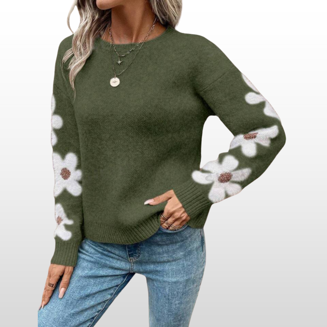 ZOEYT - Floral Print Round Neck Sweater