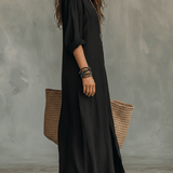 Bohemian Maxi Dress with Black Button-Front Detail