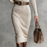 Fiona - Ivory V-Neck Midi Knit Dress