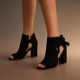 Monroe - Suede Peep-Toe Block Heel Sandals with Ankle Bow Detail