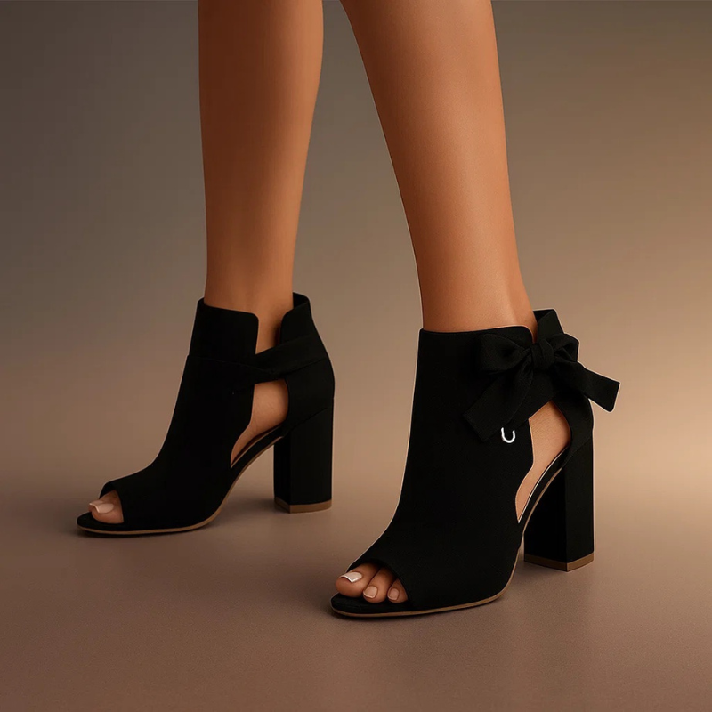Monroe - Suede Peep-Toe Block Heel Sandals with Ankle Bow Detail