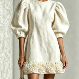 Blanche | Mini Dress with Floral Hem and Puff Sleeves