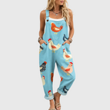 Courtney – Relaxed Blue Overalls Featuring Chicken Print