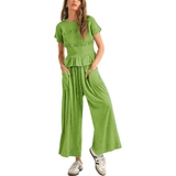 CHARLENET - 2-Piece Smocked Top with Wide Leg Pants