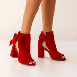 Monroe - Suede Peep-Toe Block Heel Sandals with Ankle Bow Detail