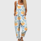 Saskia – Cozy Overall Featuring Pumpkin and Blue Floral Designs