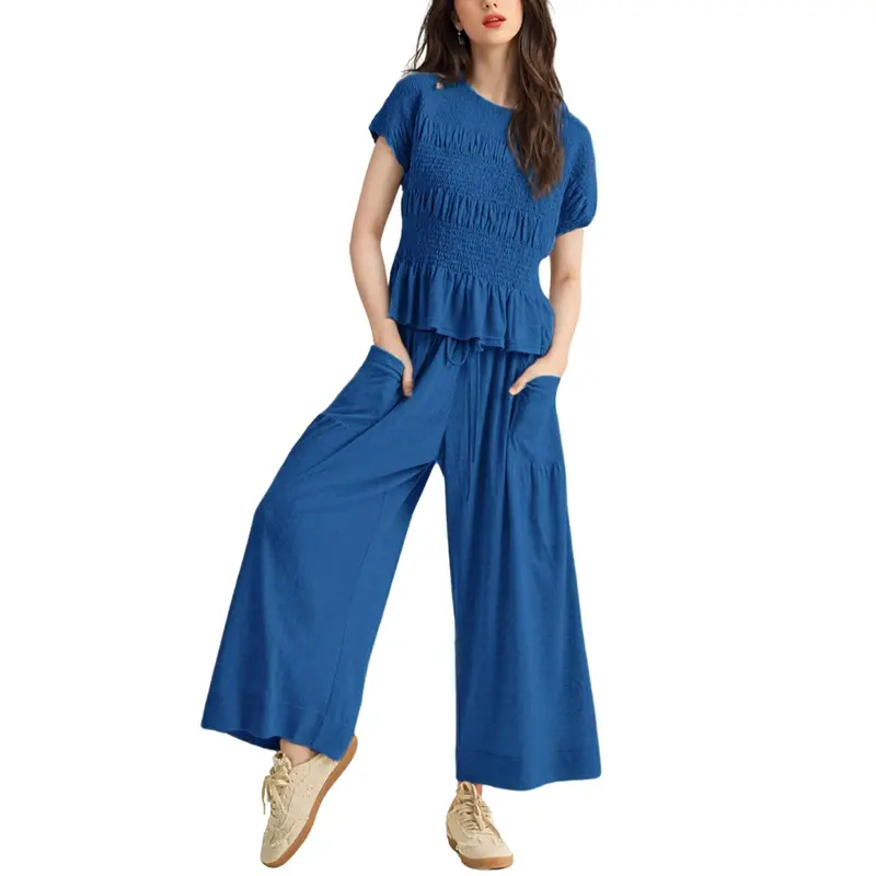 CHARLENET - 2-Piece Smocked Top with Wide Leg Pants