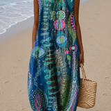 Anna - Women's Loose-Fit Sleeveless Printed Midi Dress for the Beach