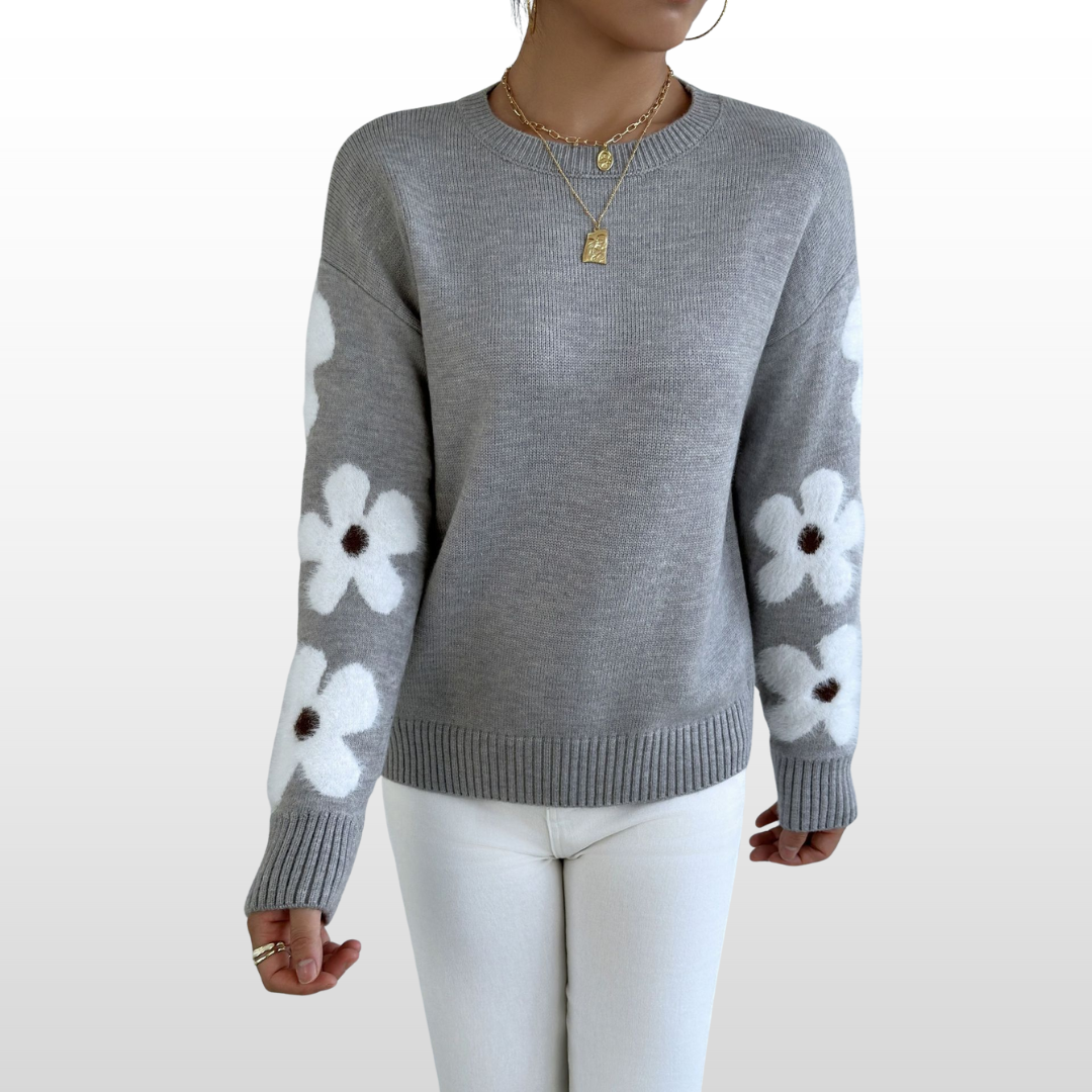 ZOEYT - Floral Print Round Neck Sweater