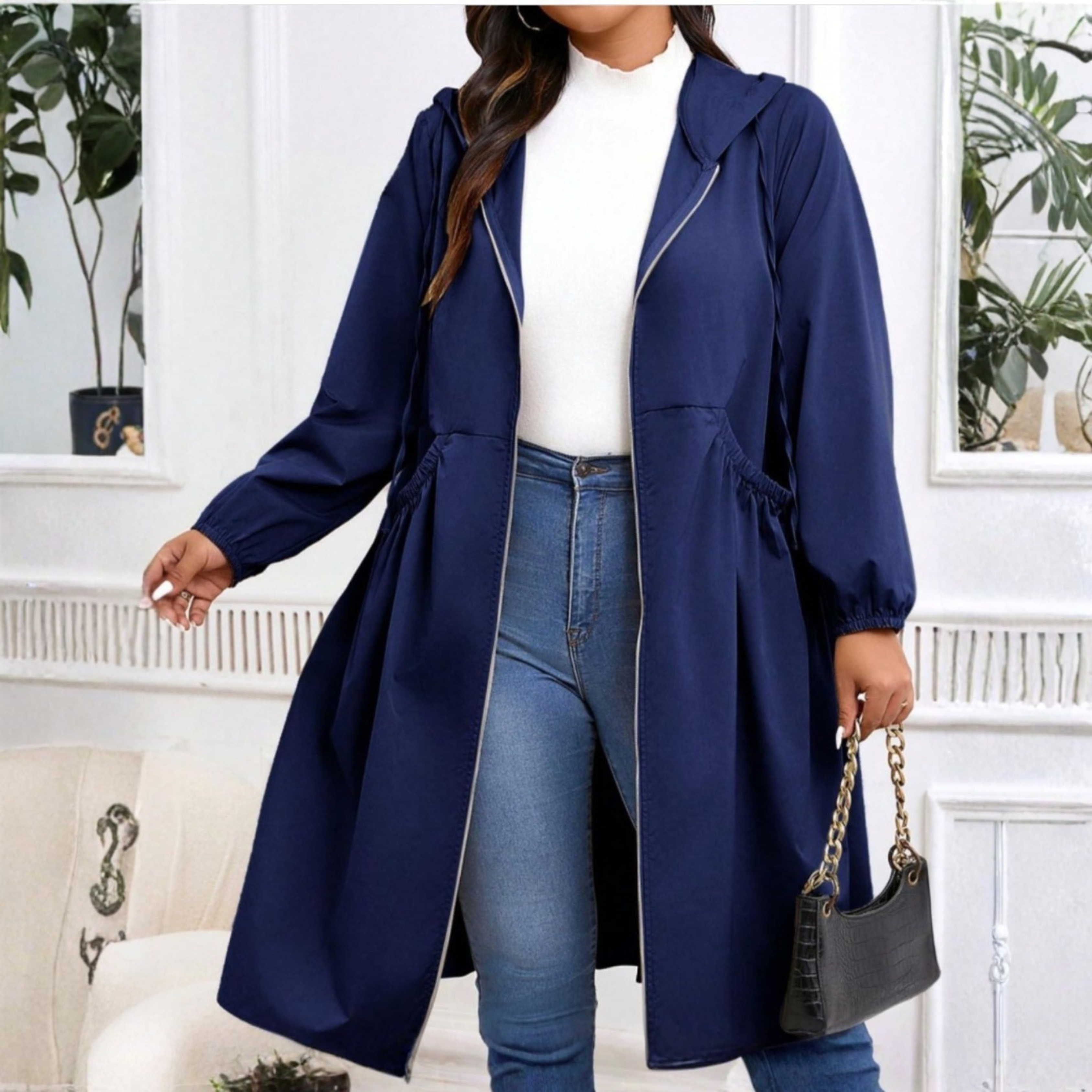 AVRILT - Plus Size Long Zip-Up Hoodie with Drawstring