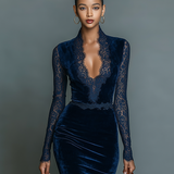 Freya - Navy Velvet V-Neck Midi Gown