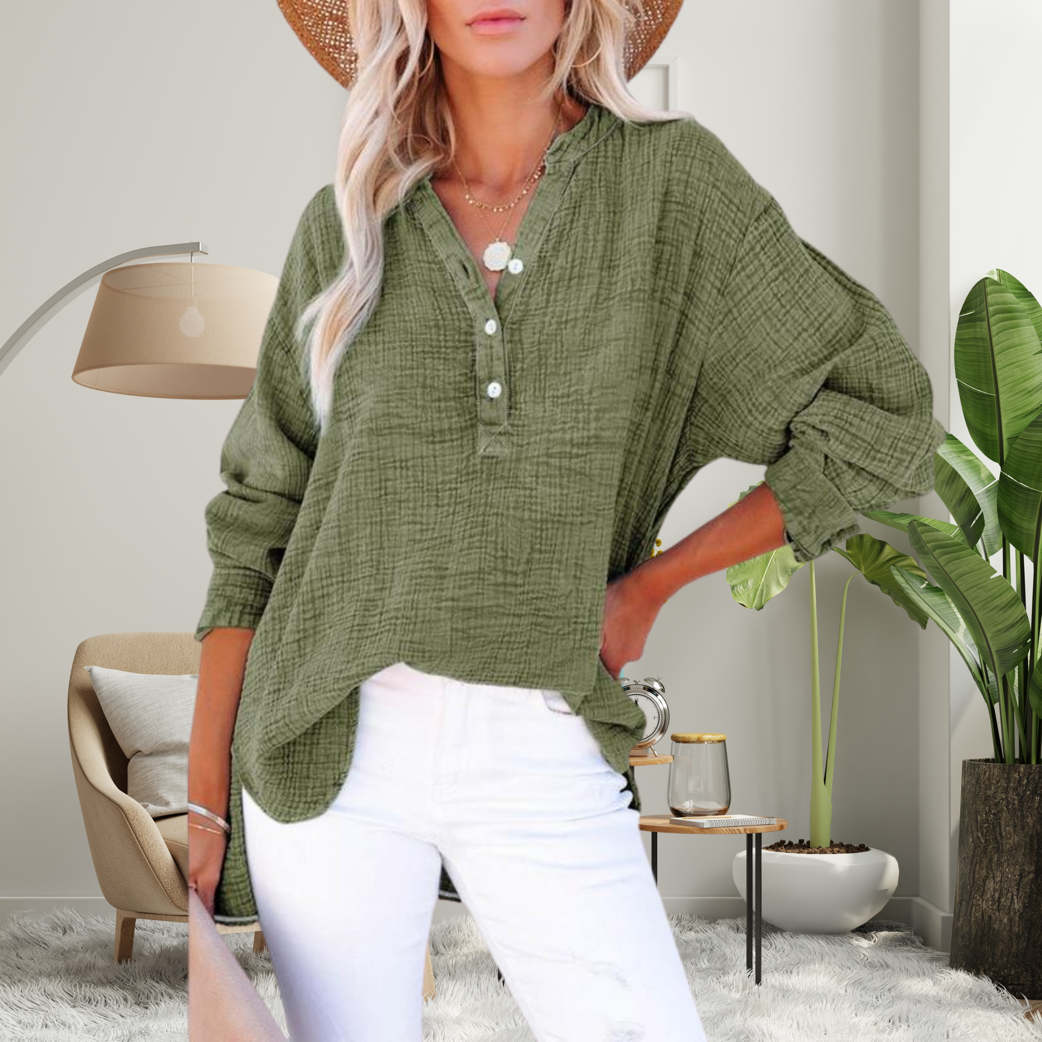 Brylin - Oversized Long Sleeve Blouse with Casual Button V-Neck