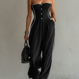 Textured Black Ribbon-Trim Strapless Jumpsuit