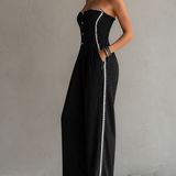 Textured Black Ribbon-Trim Strapless Jumpsuit