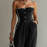Textured Black Ribbon-Trim Strapless Jumpsuit