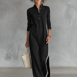 Delia - Maxi Dress with Button-Collar Sweatshirt Design