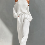 MARIA - Cold-Shoulder Turtleneck Knit Top & Wide-Leg Pants Ensemble