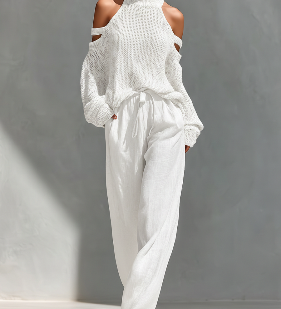 MARIA - Cold-Shoulder Turtleneck Knit Top & Wide-Leg Pants Ensemble