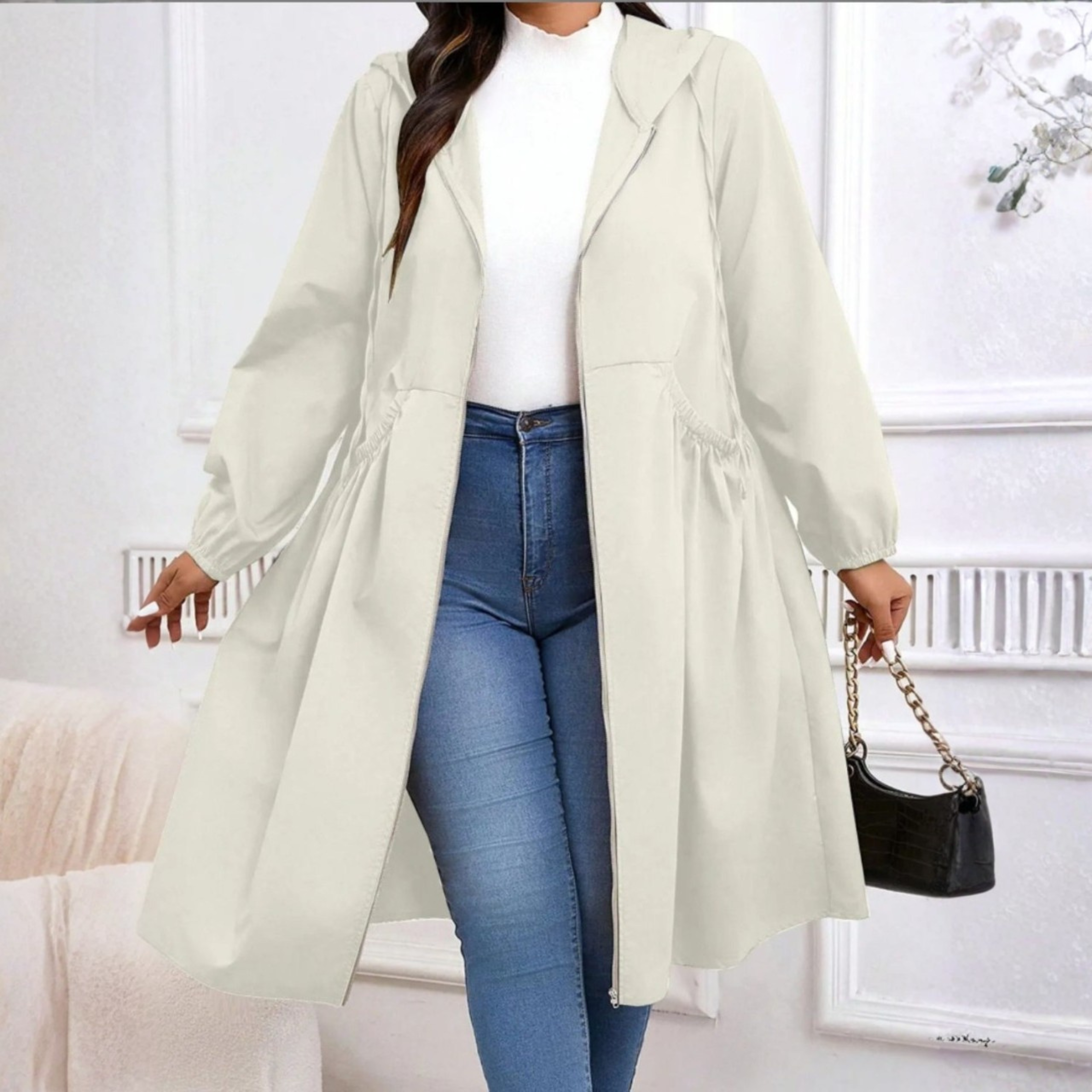 AVRILT - Plus Size Long Zip-Up Hoodie with Drawstring