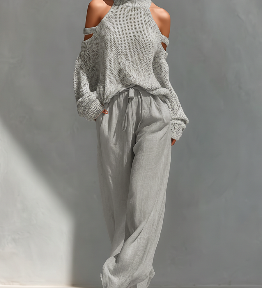 MARIA - Cold-Shoulder Turtleneck Knit Top & Wide-Leg Pants Ensemble