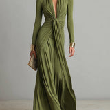 Brianna - Olive Satin V-Neck Long Dress