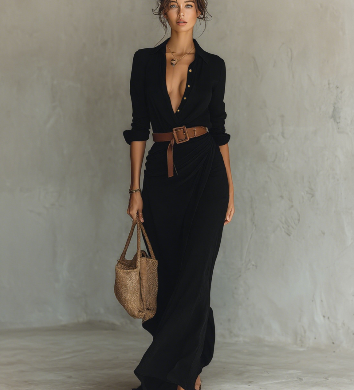 Sally - Maxi Dress with Long Sleeves and Lapel Collar