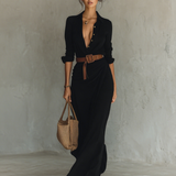 Sally - Maxi Dress with Long Sleeves and Lapel Collar