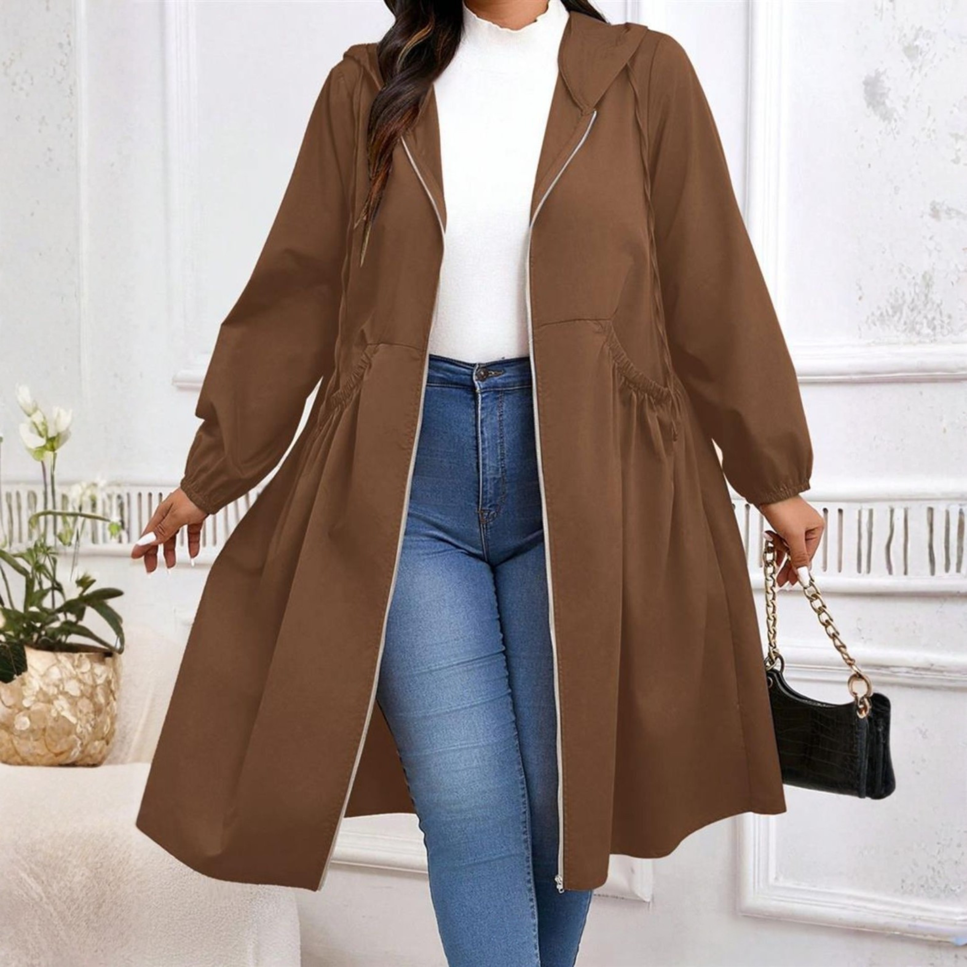 AVRILT - Plus Size Long Zip-Up Hoodie with Drawstring